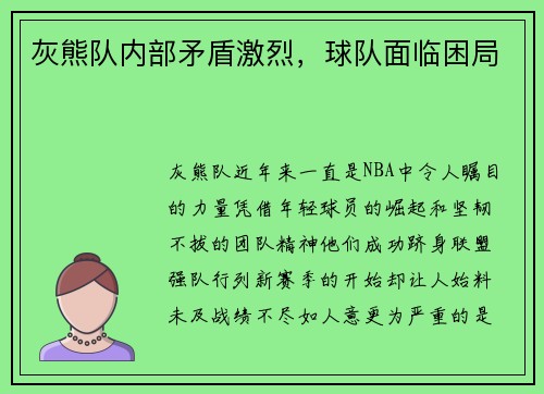 灰熊队内部矛盾激烈，球队面临困局